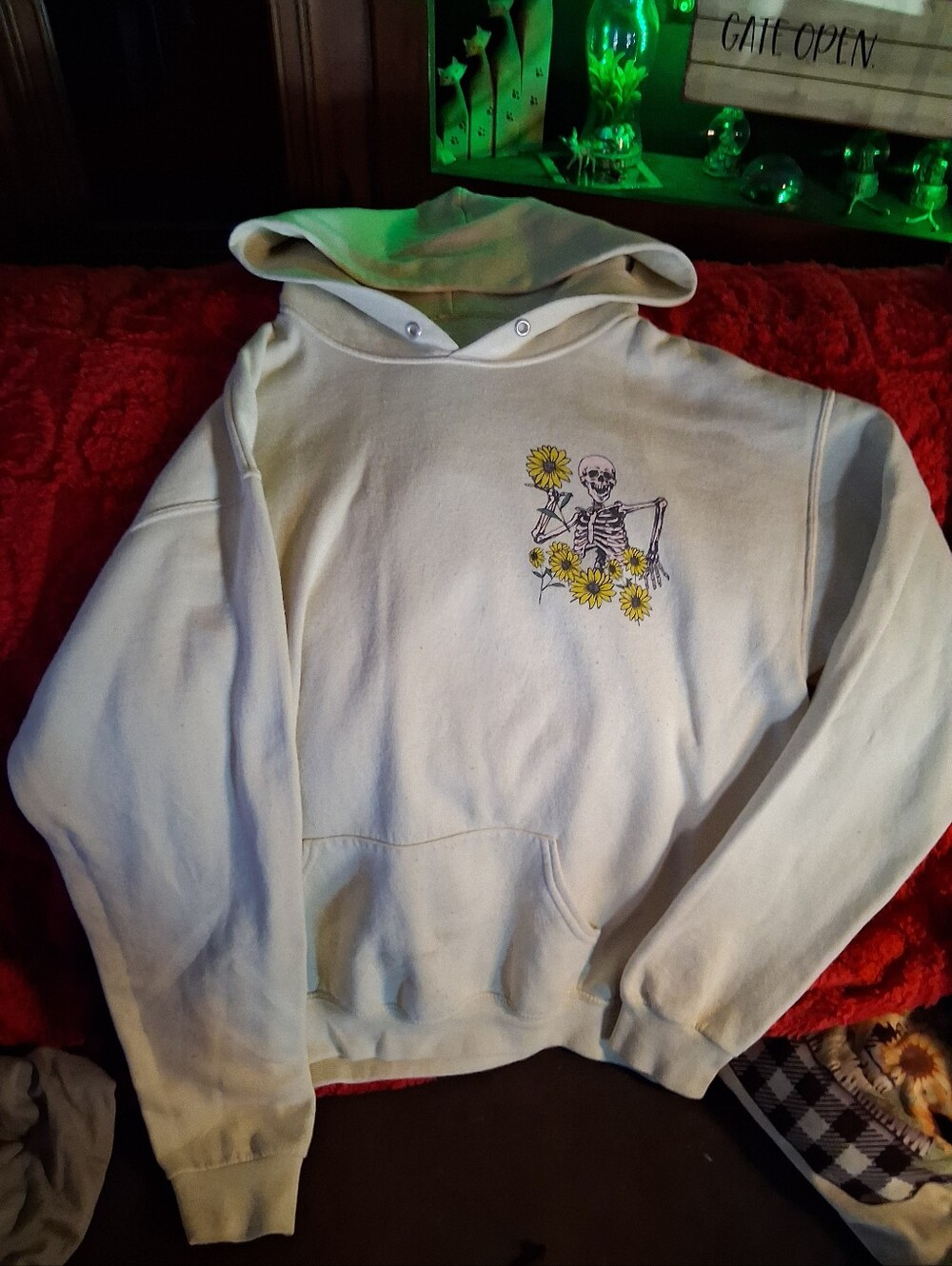 Cream Hoodie with Skeleton & Sunflower Graphic